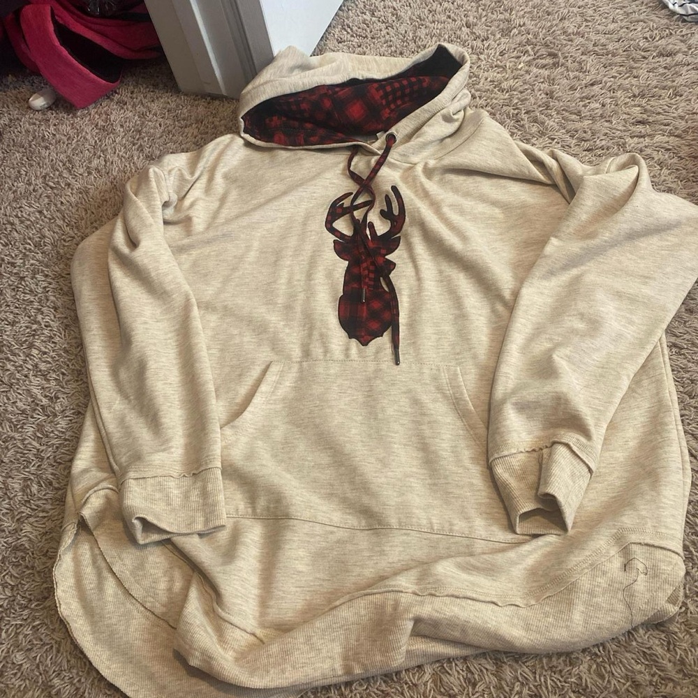 Maurices Beige Hoodie with Red Plaid Accent